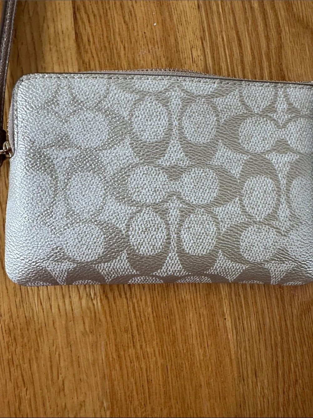 Coach Metallic Signature Corner Zip Wristlet in Pearlized Canvas Gold Accents